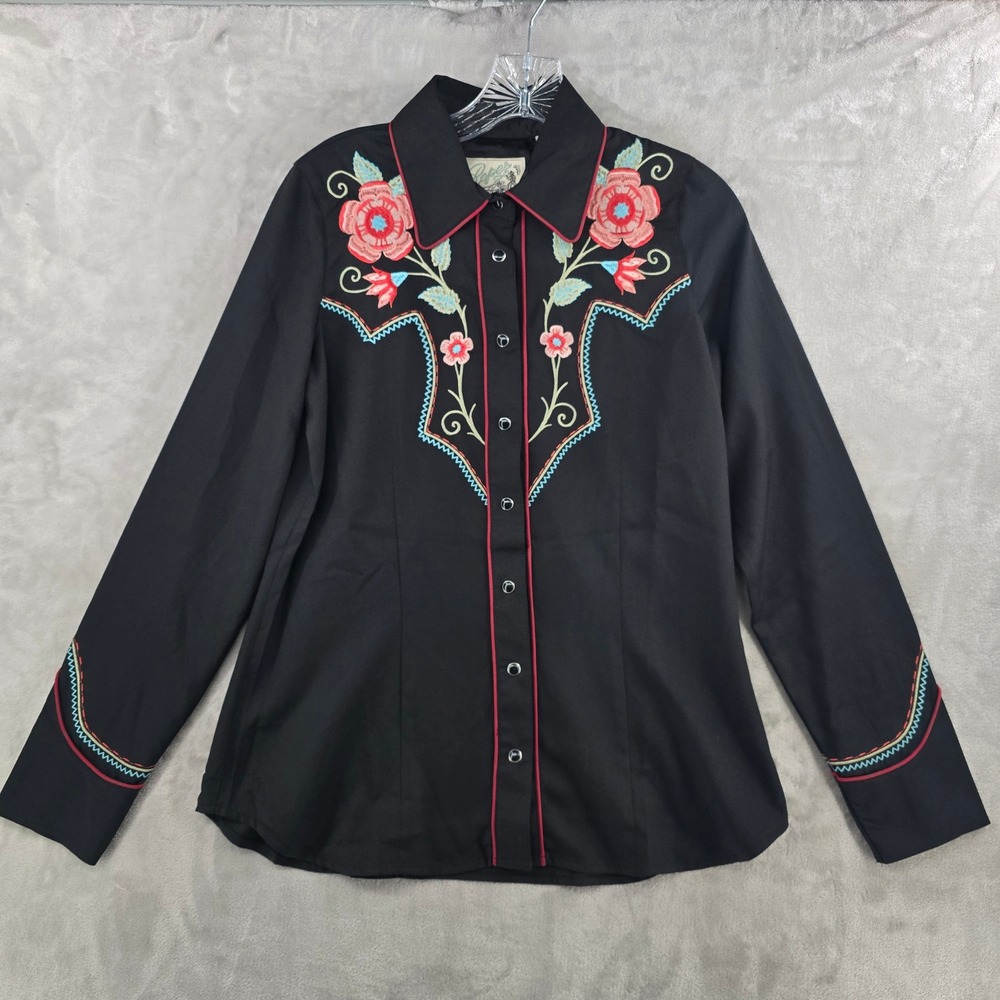 Roper Womens Small Western Shirt Black Floral Embroidered Snap Button Up Top